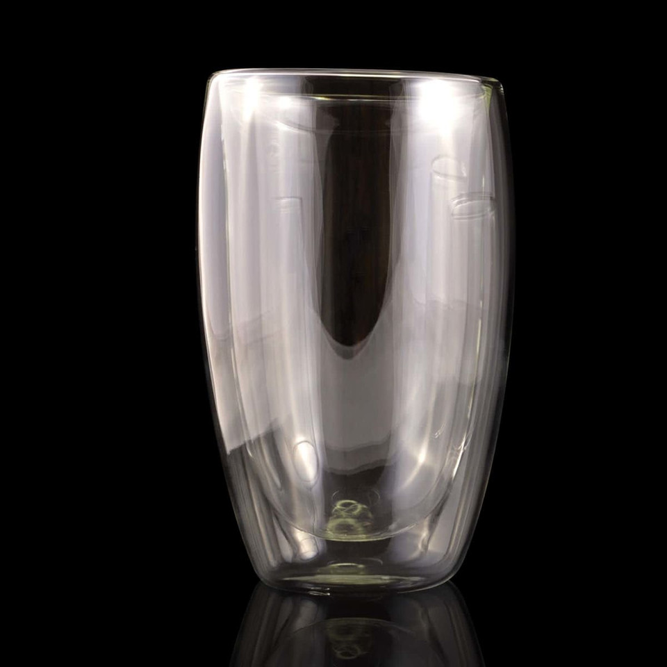 A double wall glass cup with a capacity of 450ml, designed for thermal insulation and featuring a sleek, modern design.