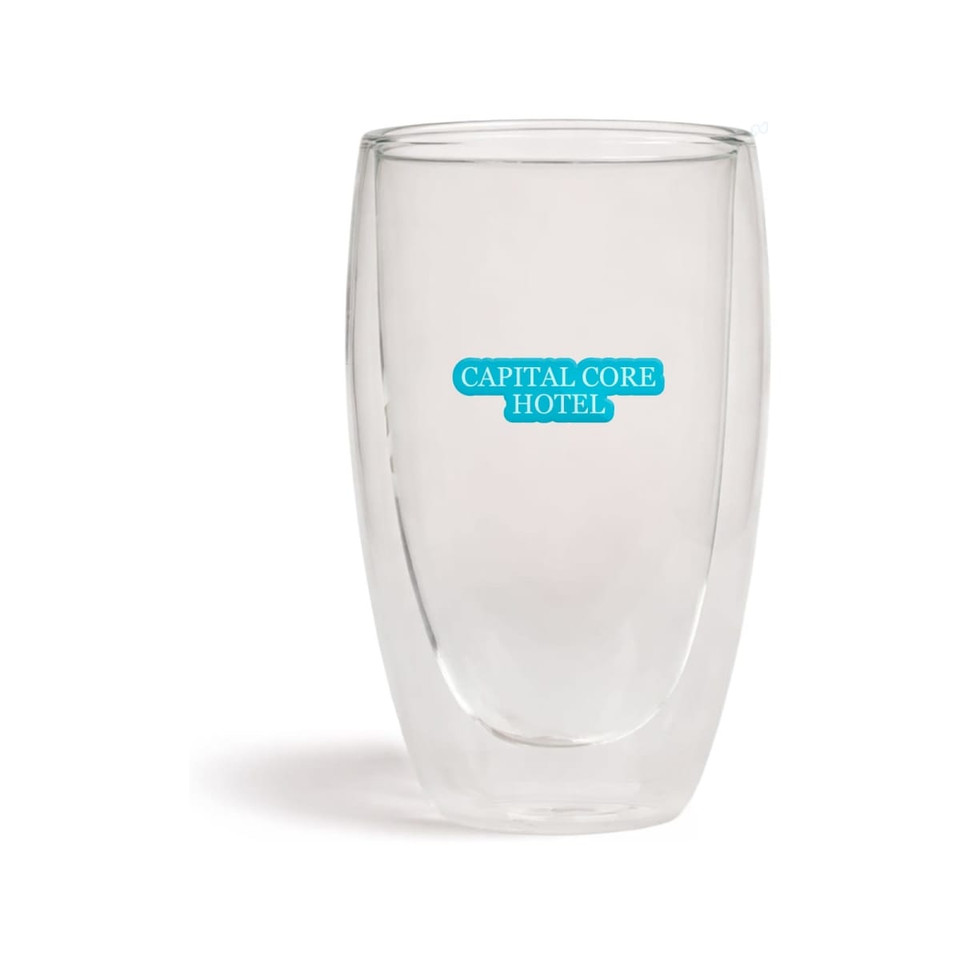A drink bottle featuring a transparent double wall design, showcasing a logo on one side.