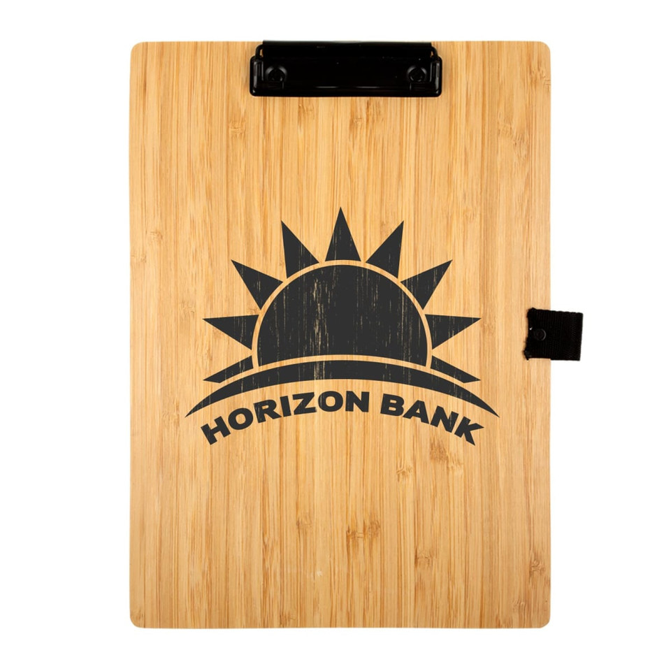 A bamboo A4 clipboard featuring a natural finish and a black clip, with a logo printed on the surface.