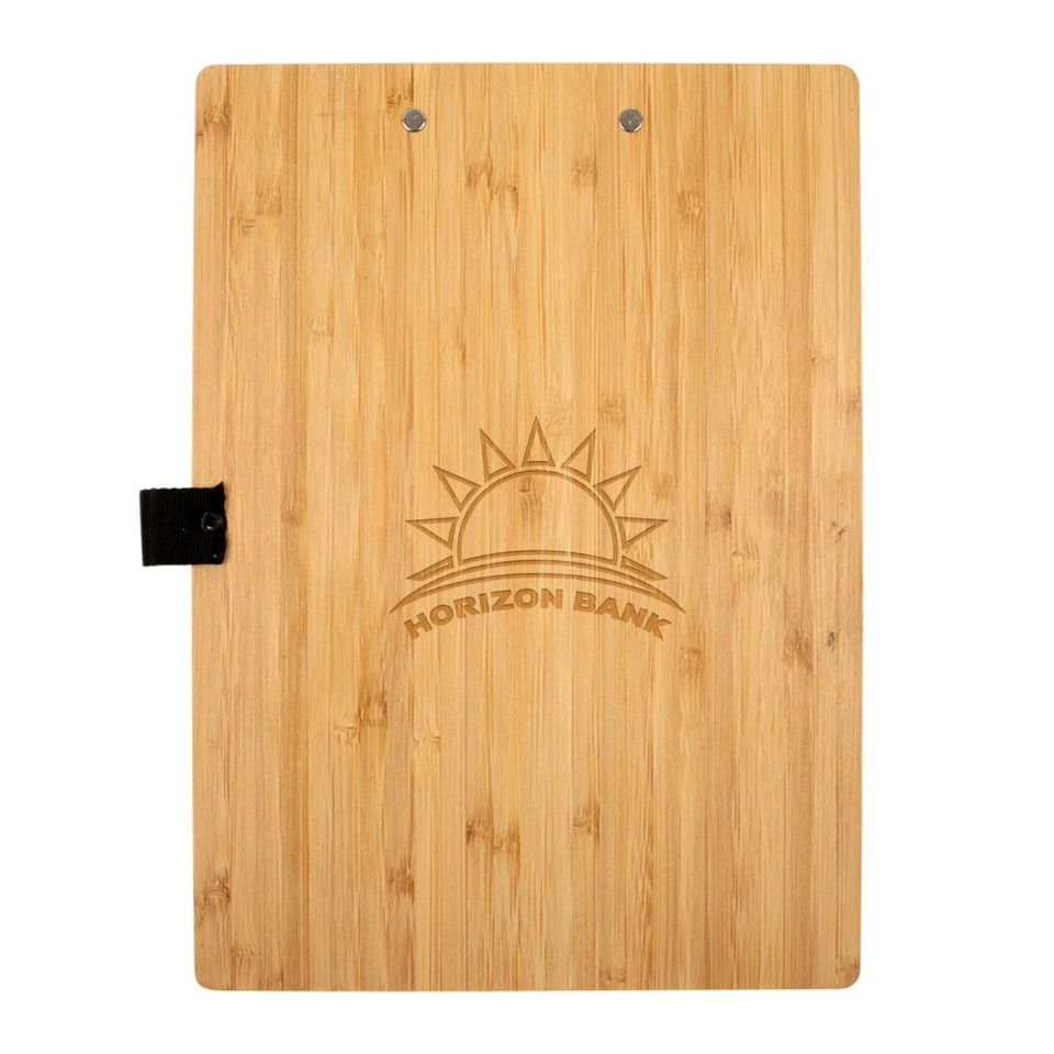 A bamboo A4 clipboard with a smooth surface, featuring a black clip and an embossed logo.