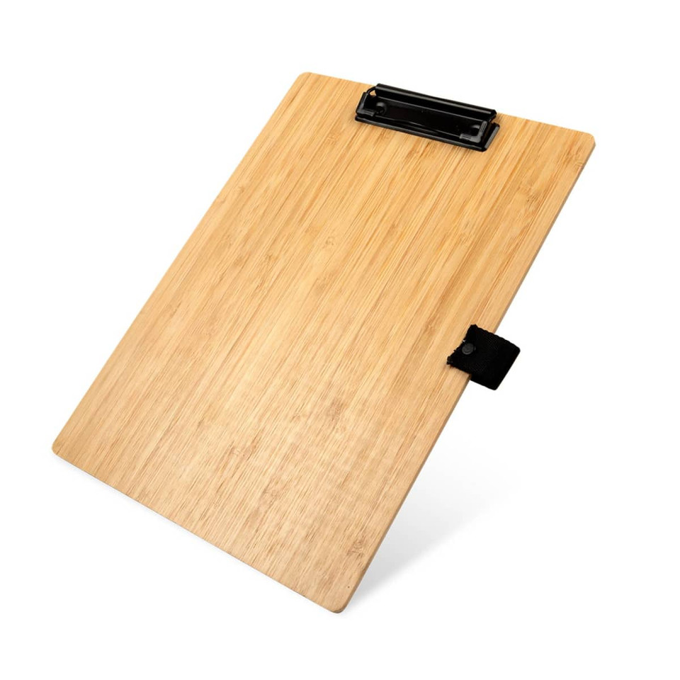 A bamboo A4 clipboard with a black clip and strap, showcasing a natural wood finish.
