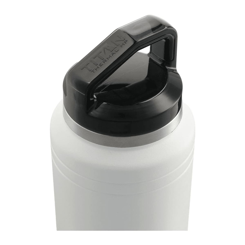 A drink bottle in white with a black lid, featuring a handle and a metallic band near the top.