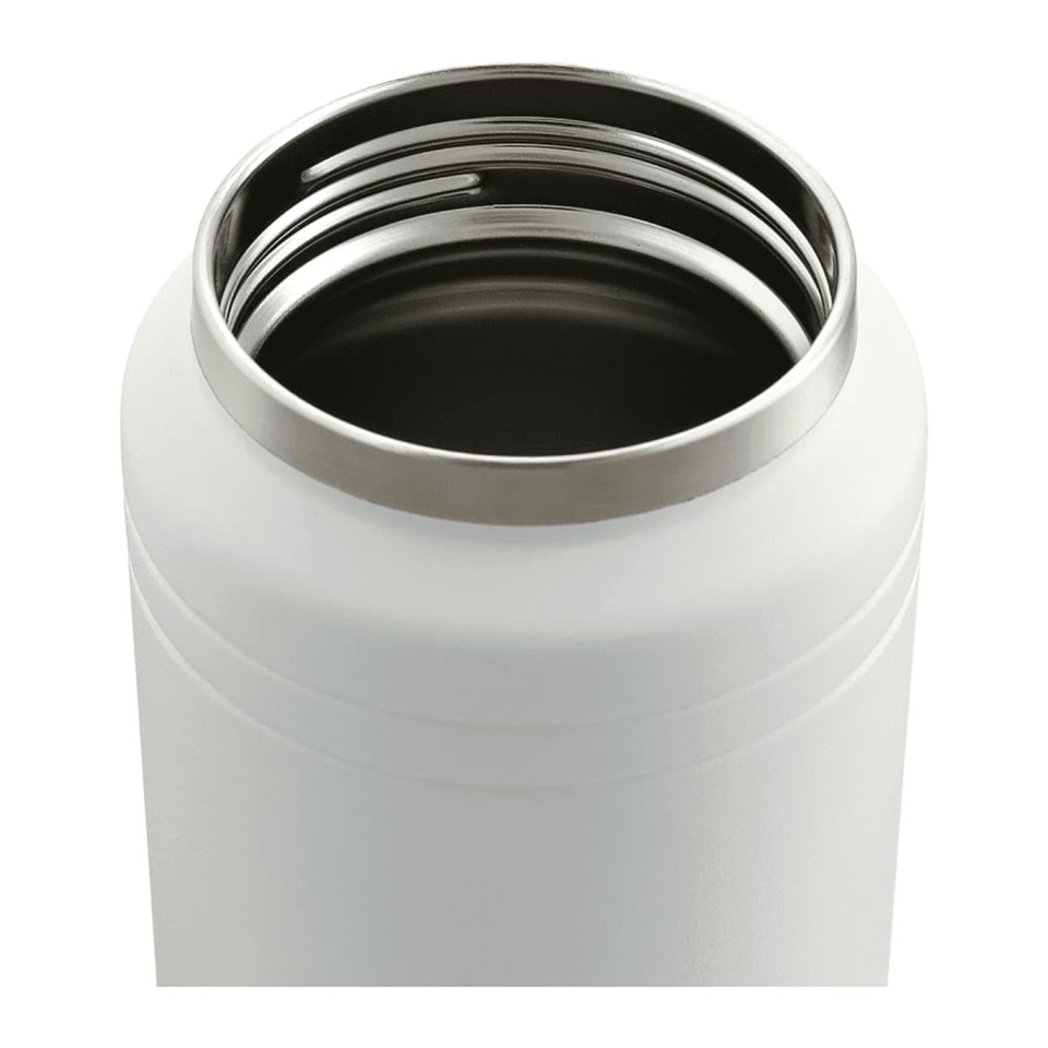 A drink bottle featuring a sleek white design with a stainless steel rim at the opening and an interior for beverages.