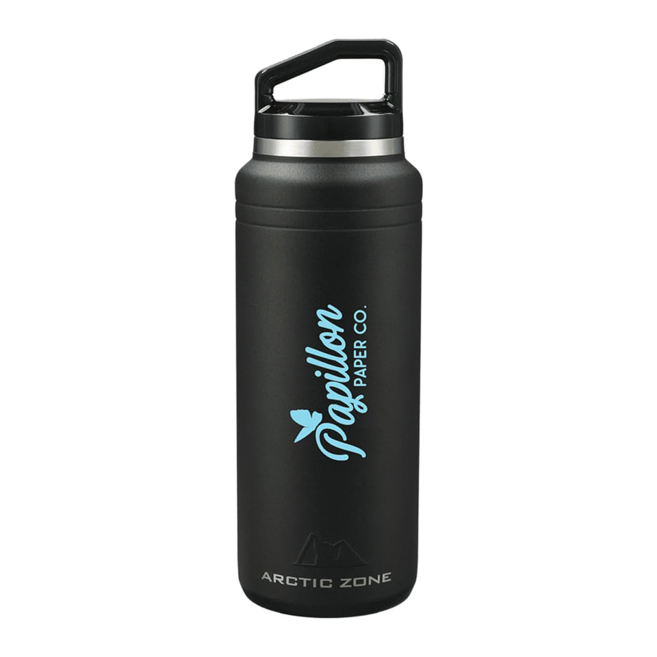 A drink bottle in matte black with a silver lid and a logo on the side. It has a sturdy handle for easy carrying.