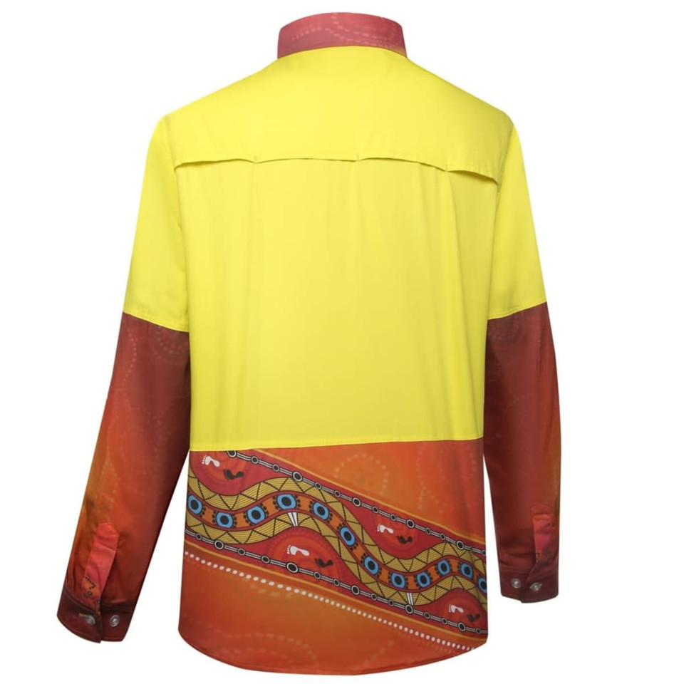 A hi-vis work shirt featuring a yellow upper section and a red graphic design at the bottom. It includes a logo.