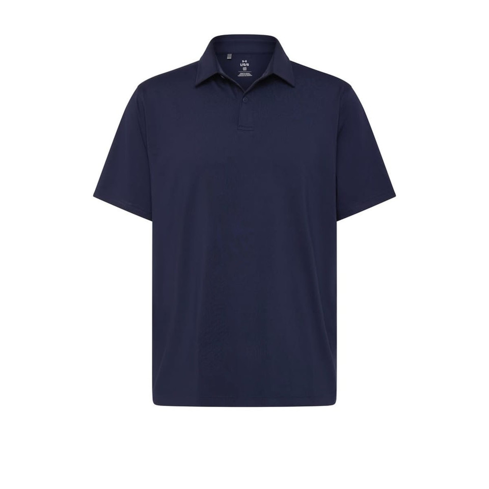 A navy men's polo shirt featuring a collar and short sleeves, with a logo on the chest.