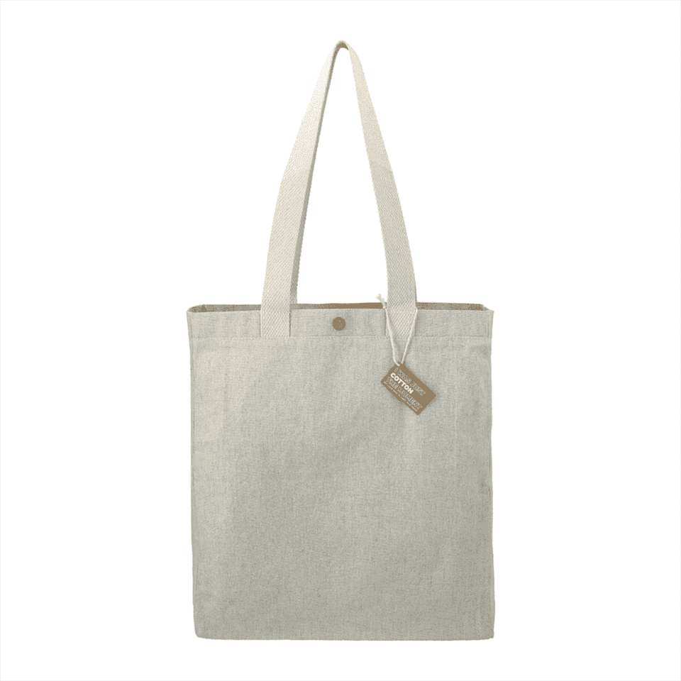 A cream box tote bag made from recycled cotton, featuring two handles and a snap closure.