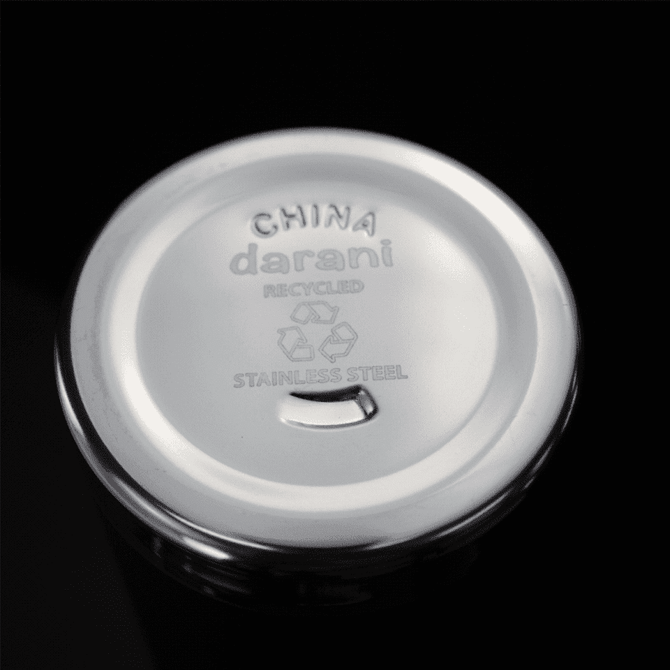 A drink bottle lid made of polished stainless steel, featuring a logo and recycling symbol.