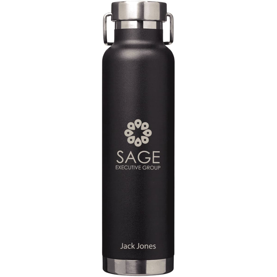 A drink bottle featuring a sleek black design with a stainless steel base and a logo. Holds 650ml.