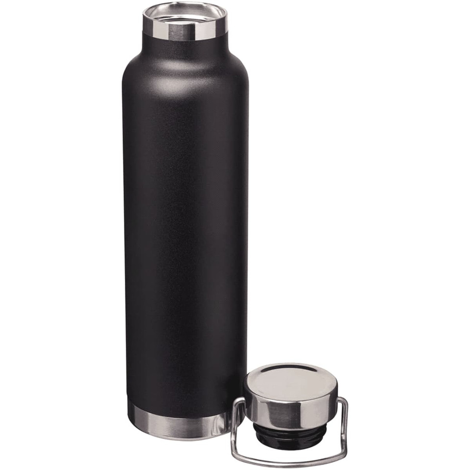 A drink bottle in matte black with a stainless steel cap and an attached handle. Features a logo on the side.