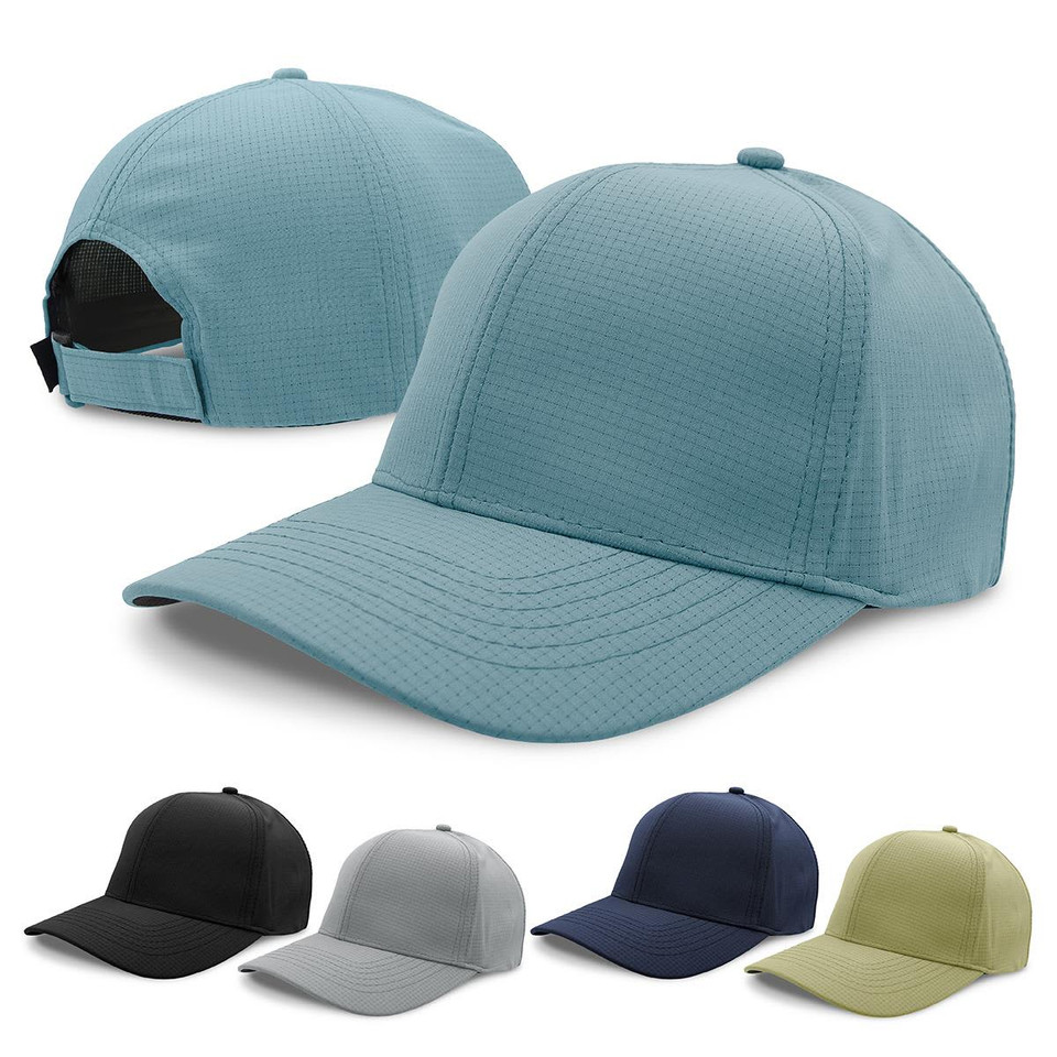 A set of caps in light blue, black, grey, navy, and olive green, featuring a logo on the front.
