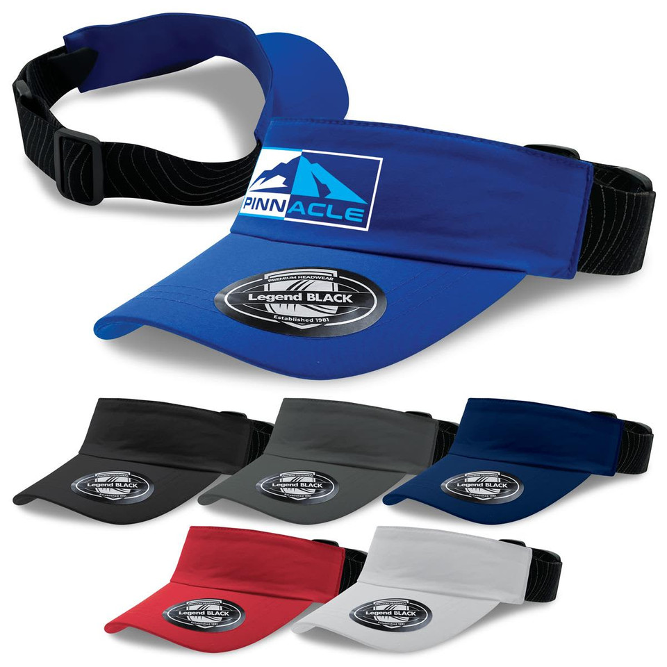 A range of Altitude Sports Visors in various colours, featuring a logo and an adjustable strap.