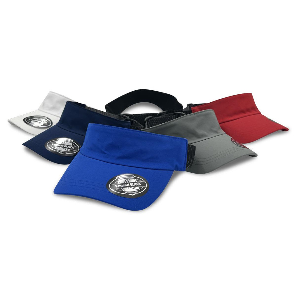 A collection of Altitude Sports Visors in various colours: black, grey, red, blue, white, and navy, featuring a logo.