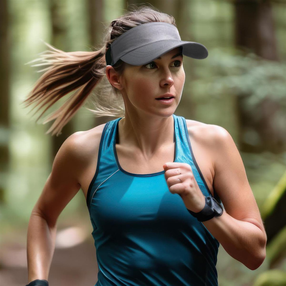 A woman runs through a forest wearing a grey visor and a teal athletic top, with her hair pulled back.