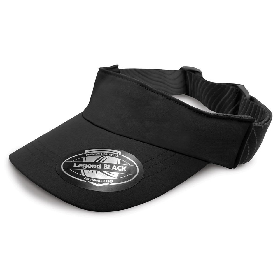 A black sports visor with a curved brim and a flexible band, featuring a logo on the front.