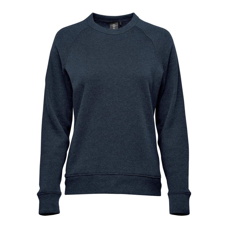 A women's crew neck fleece jumper in navy blue with long sleeves and a snug fit. Features a logo on the front.