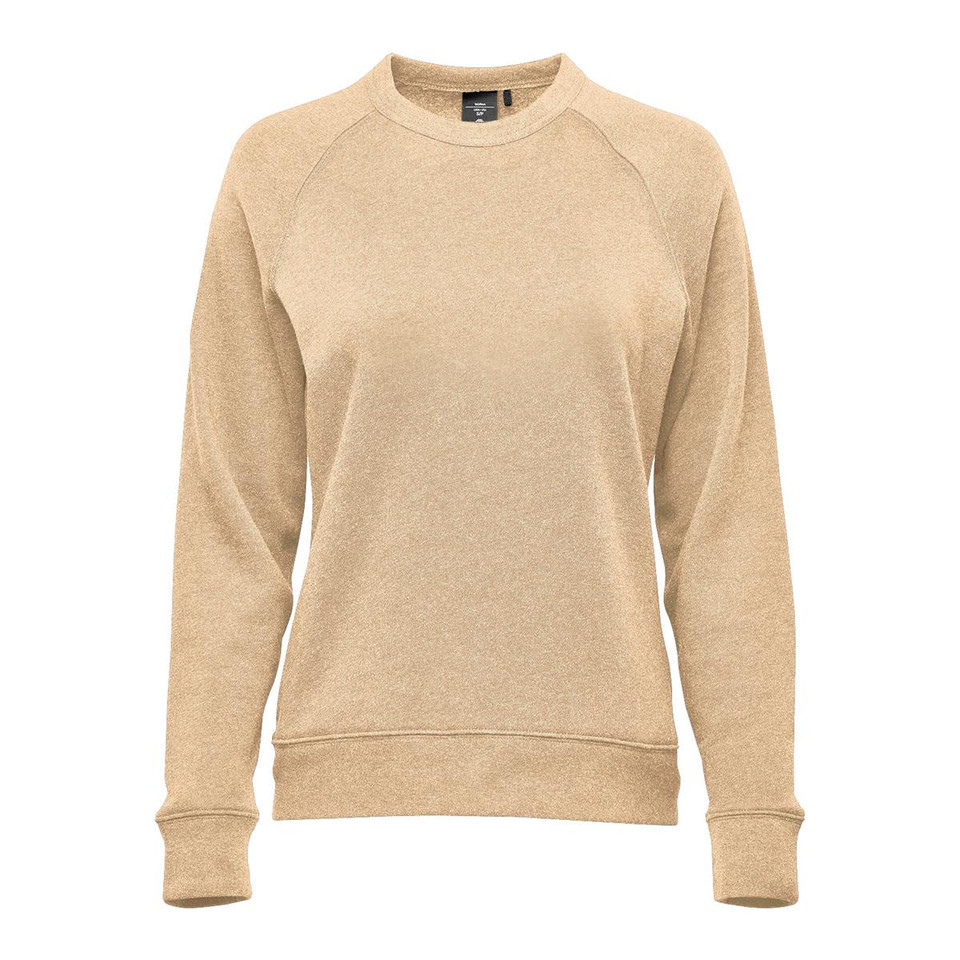 A women's crew neck jumper in a soft beige colour, featuring long sleeves and a ribbed neckline. It has a logo.