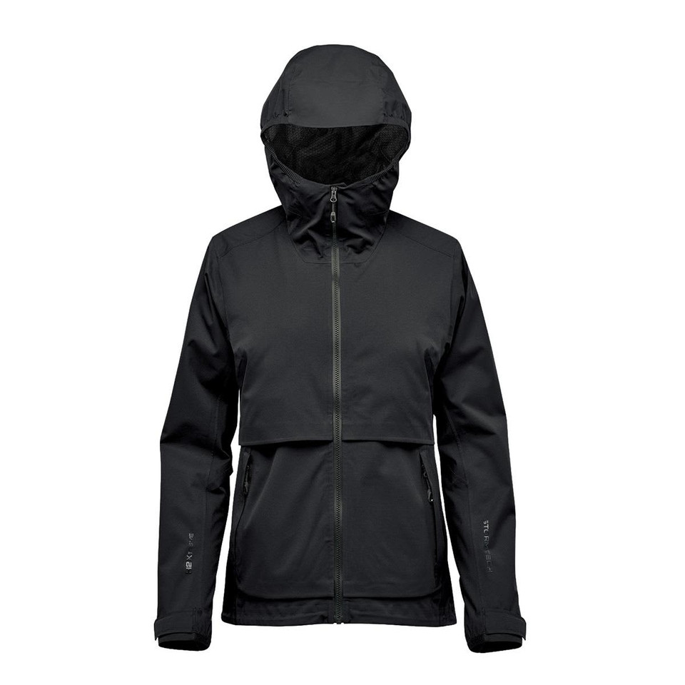 A women's black technical rain jacket with a hood, featuring zippered front and side pockets and a logo.