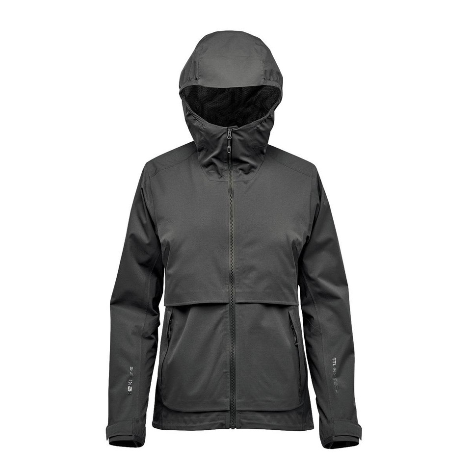 A women's rain jacket in dark grey with a hood and a branded logo on the front.
