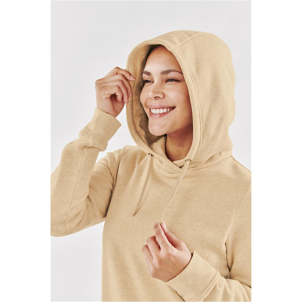 A light beige women's fleece pullover hoodie with a front pocket and a drawstring hood, featuring a logo.