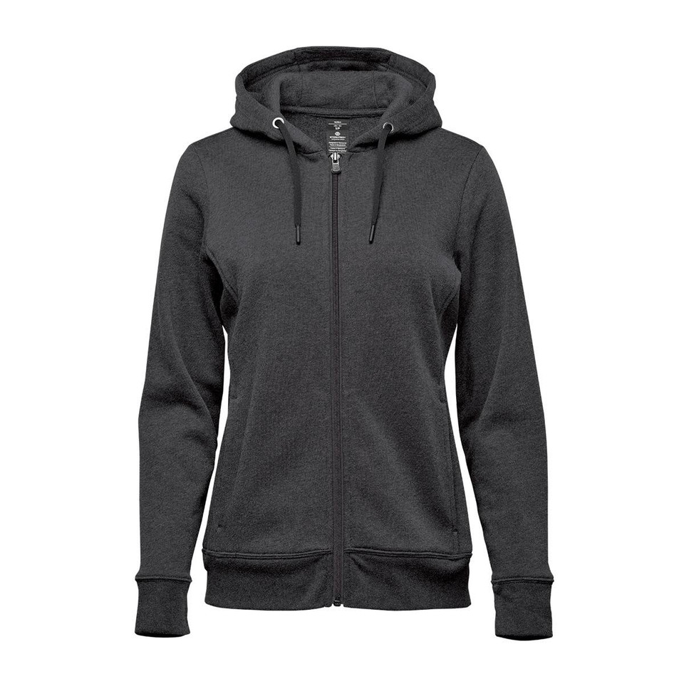 A women's full zip hoody in dark grey with a hood and front pockets, featuring a logo on the design.