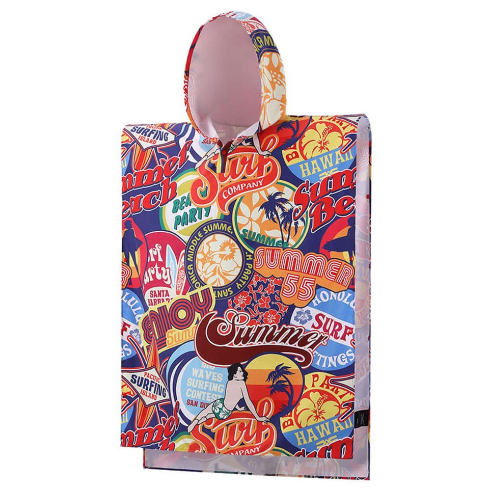 A colourful poncho towel featuring a vibrant summer print, complete with a hood. It has a branded logo.