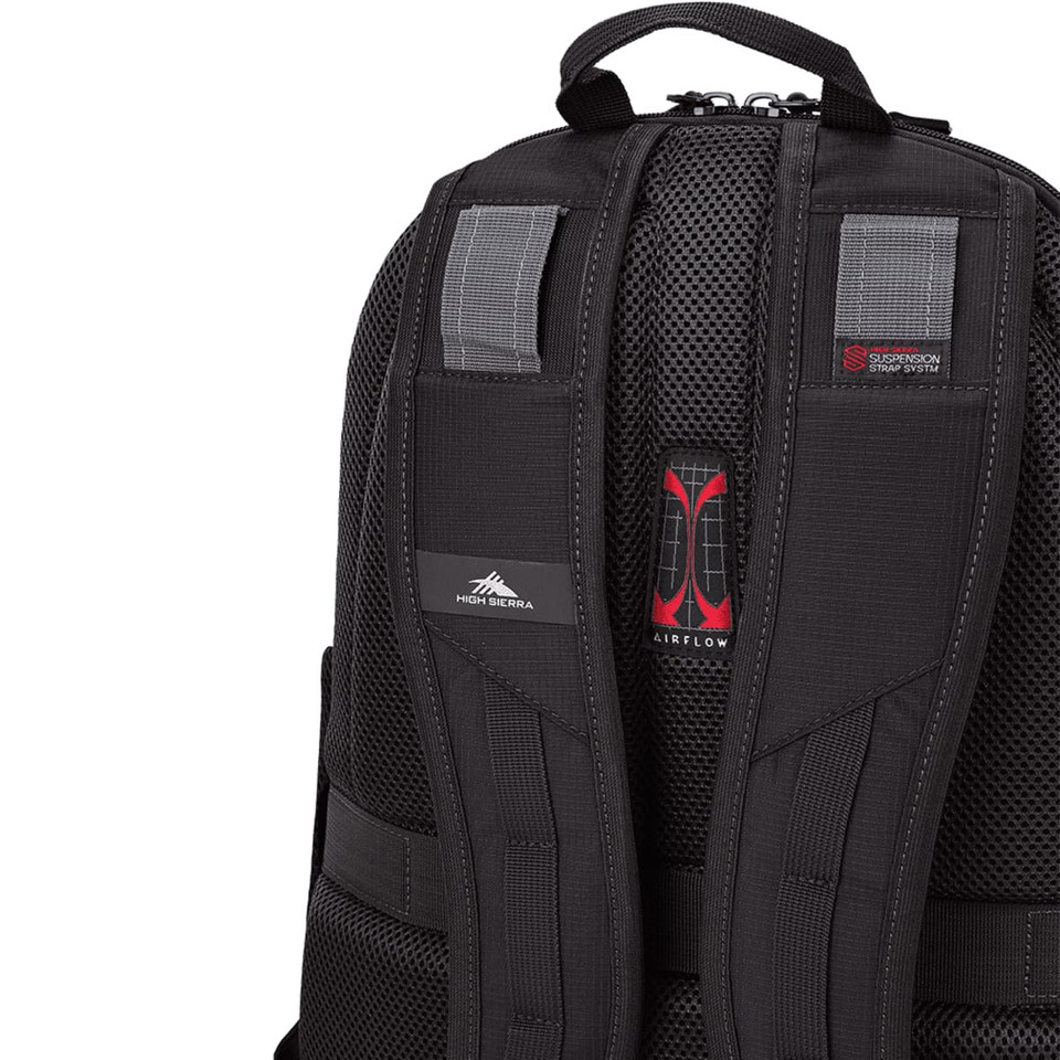 A black backpack with padded mesh straps and a logo on the back. It features adjustable straps and zippers.