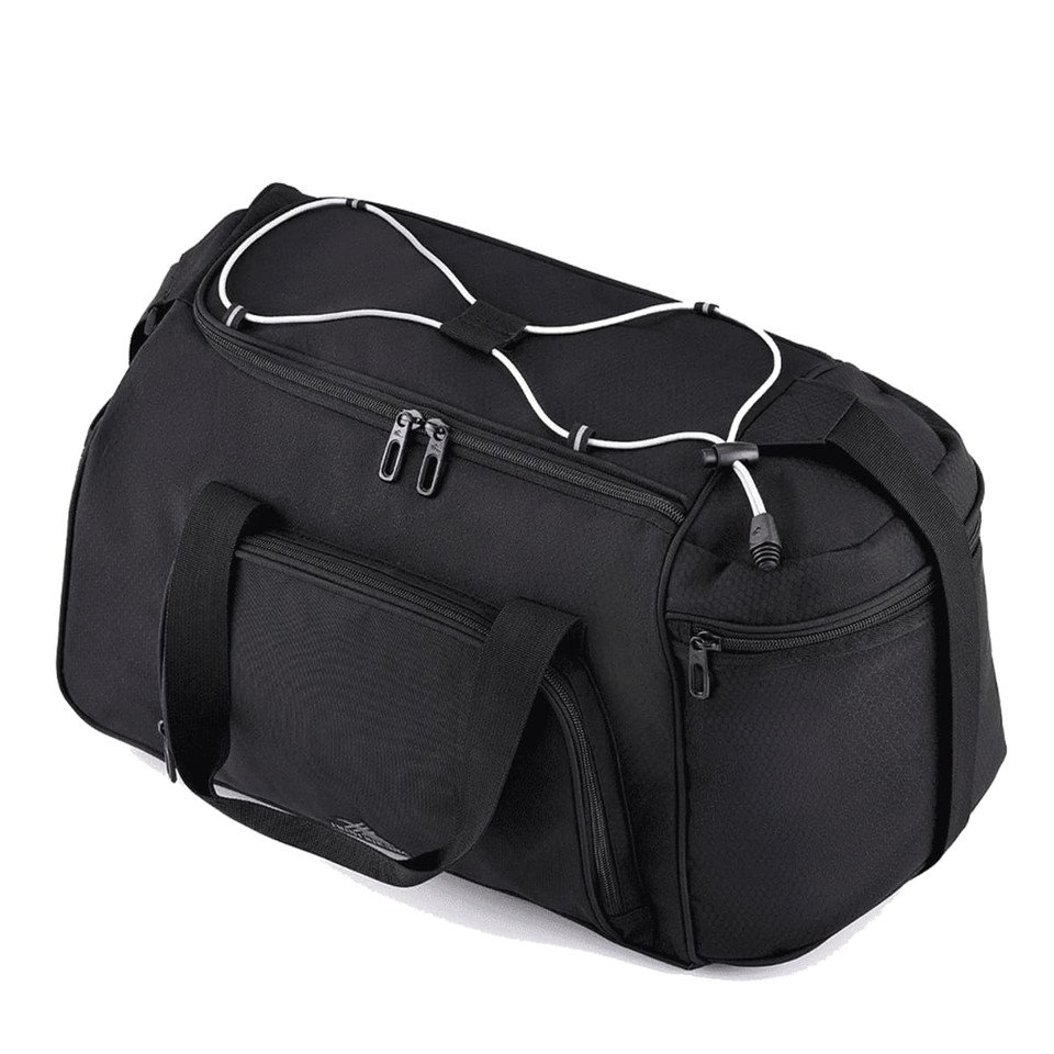 A black travel duffel bag with multiple zippered compartments and sturdy handles, featuring a logo.