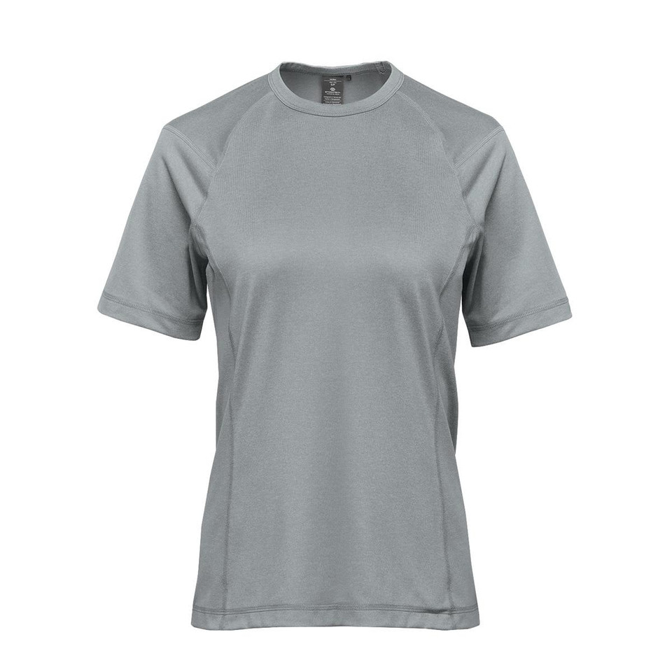 A short-sleeved women's T-shirt in a light green shade, featuring a logo on the front.