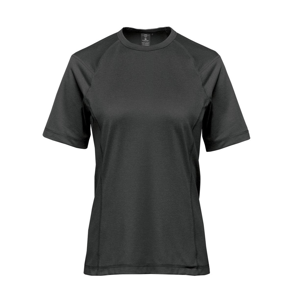 A women's short-sleeve t-shirt in dark green, featuring a logo on the front.