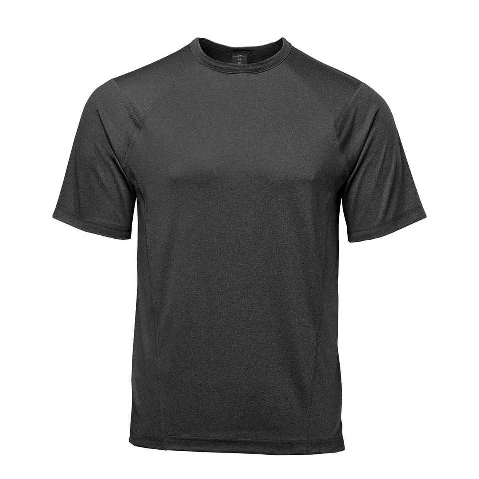 A dark grey men's t-shirt with short sleeves and a logo on the upper chest. Designed for comfort and performance.