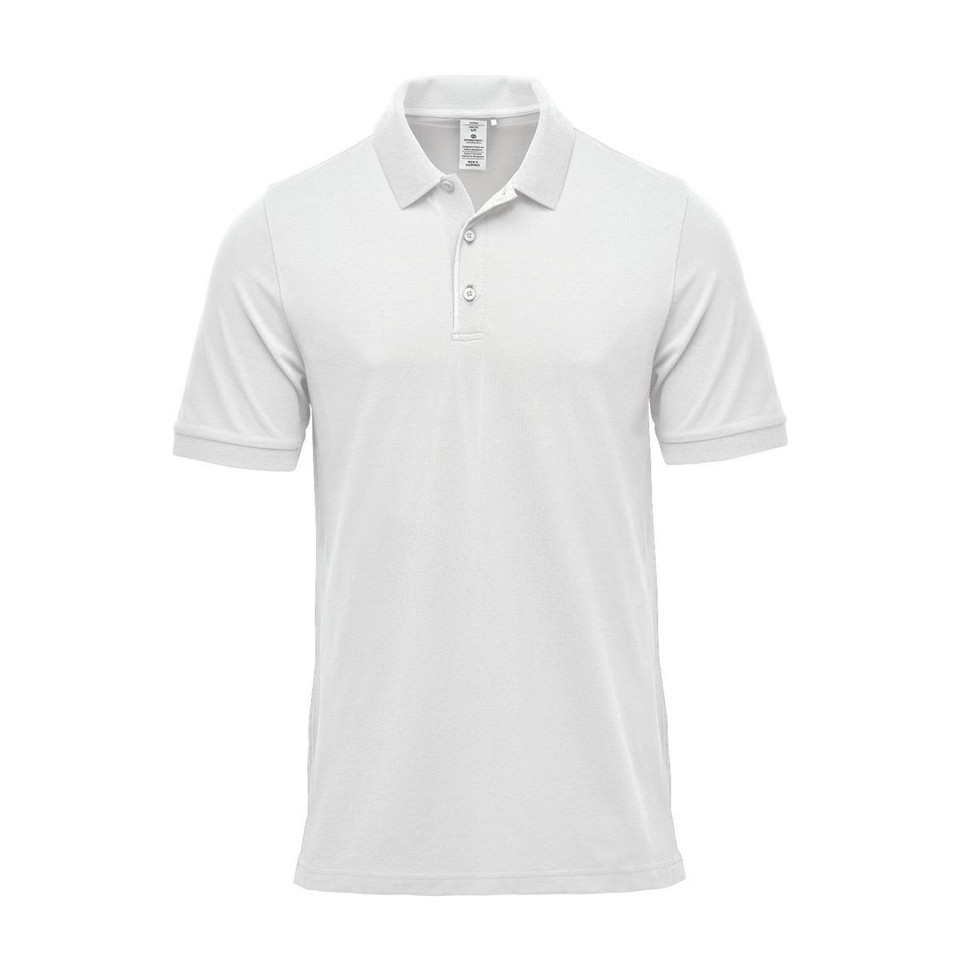 A white men's polo shirt featuring a collar, short sleeves, and a branded label.