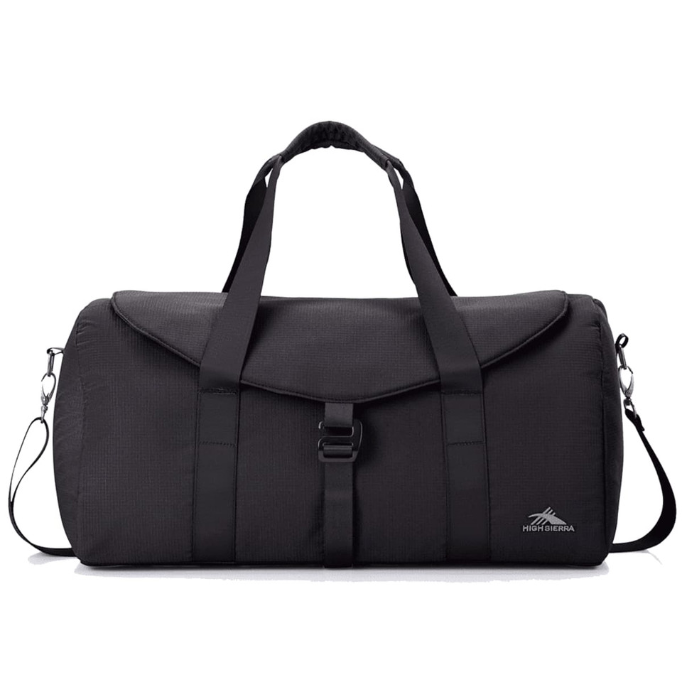 A black duffel bag with a flap, adjustable shoulder strap, and dual handles. It features a logo on the side.