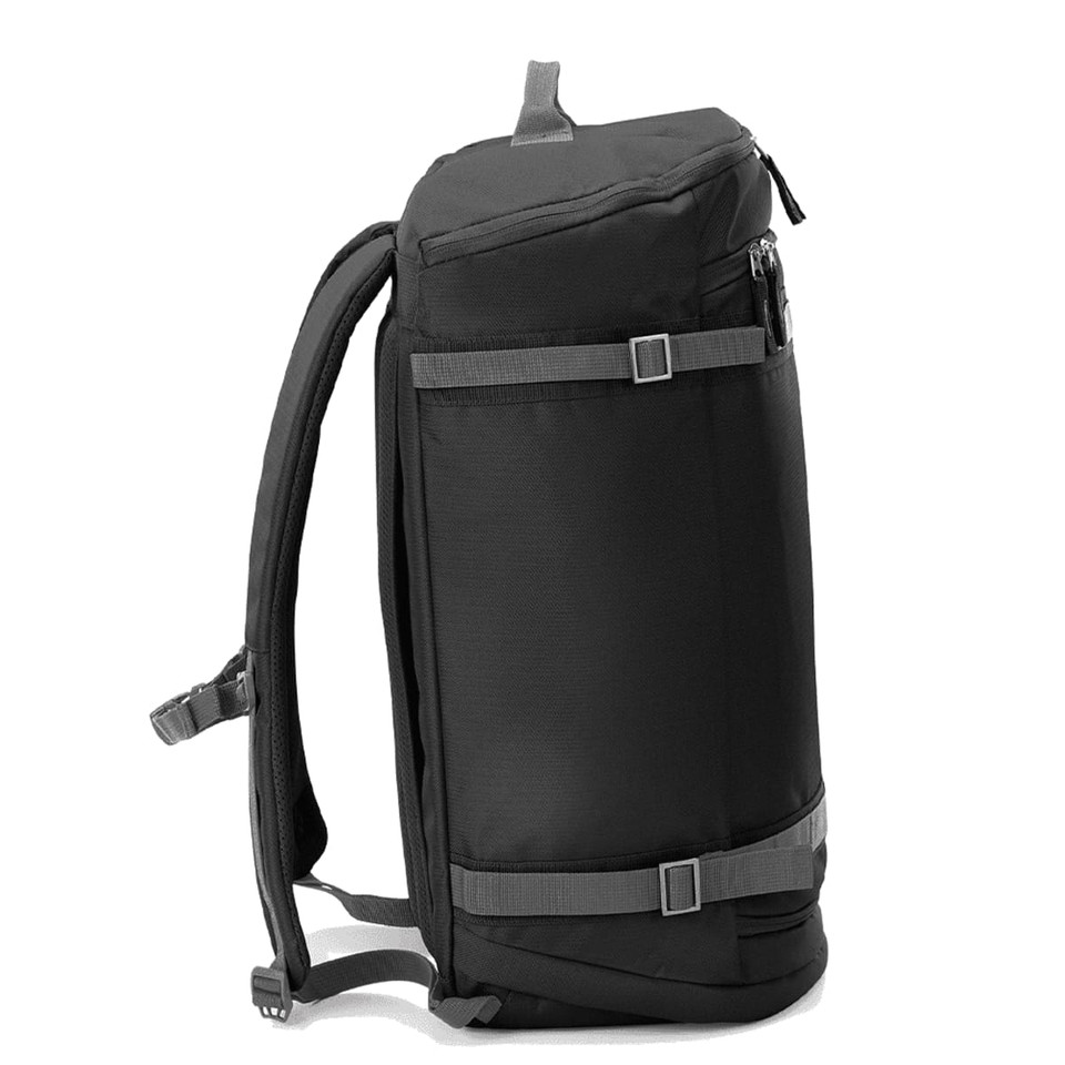 A black travel backpack with adjustable straps and a zippered compartment, featuring a simple design and branding.