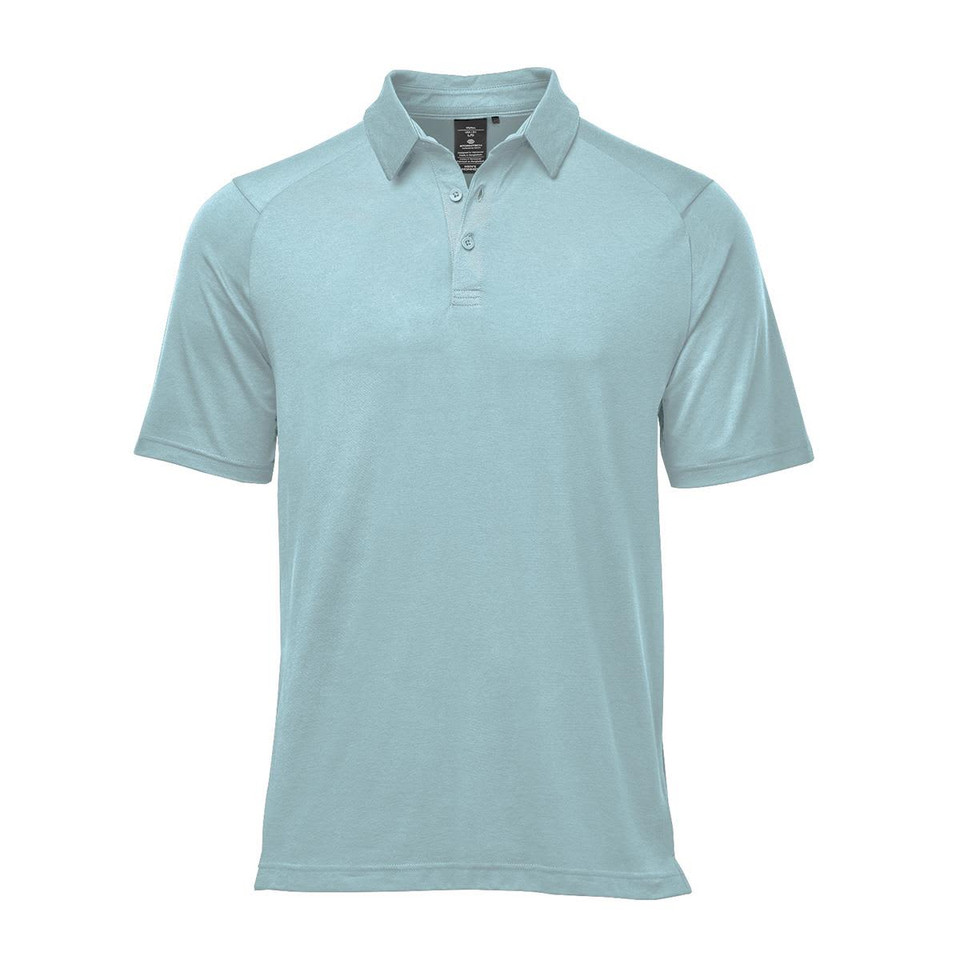 A light blue men's polo shirt with a collar and a logo on the chest.