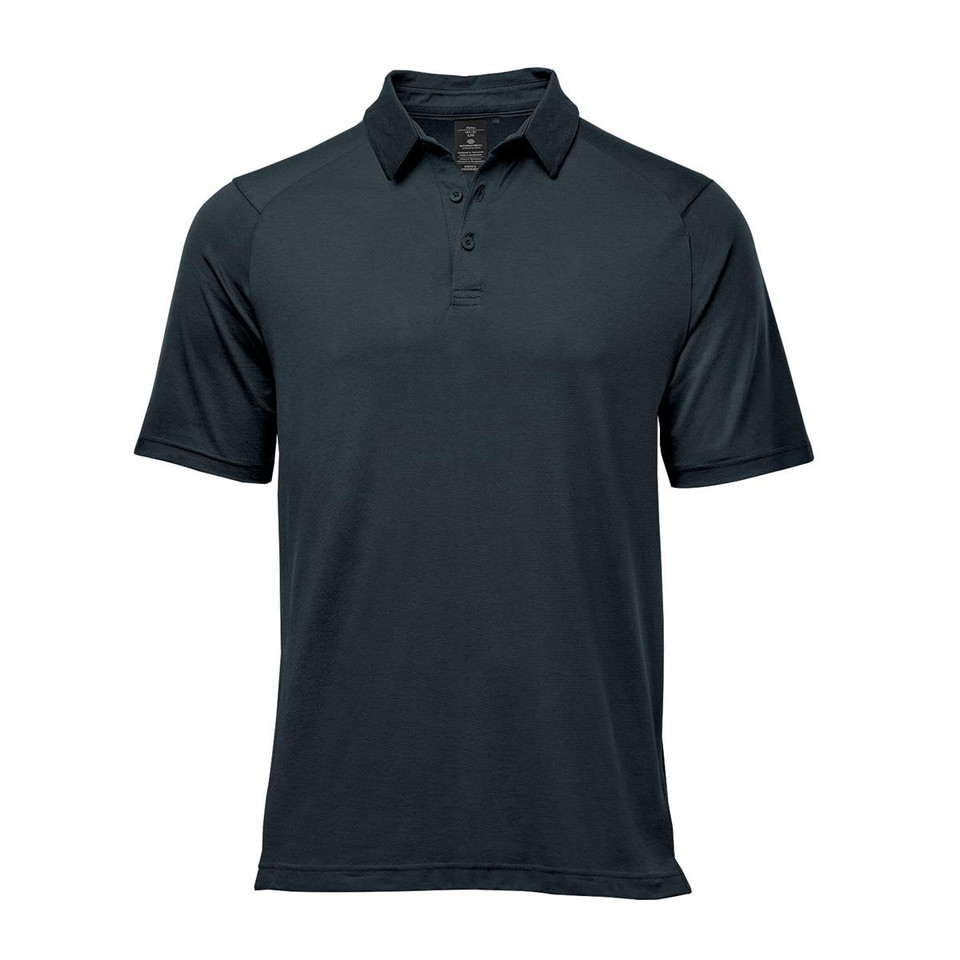 A dark green men's polo shirt with short sleeves and a collar. It features a logo on the chest.