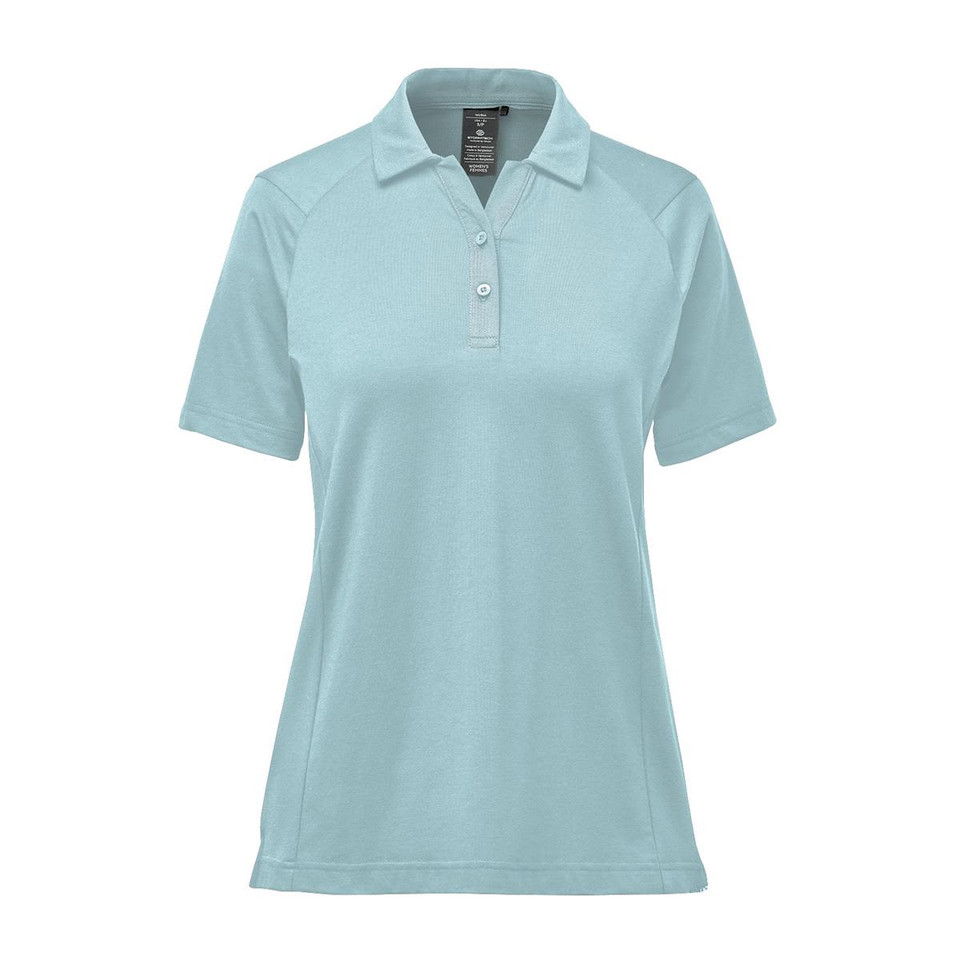 A light aqua women's polo shirt with a collar and short sleeves, featuring a logo on the chest.