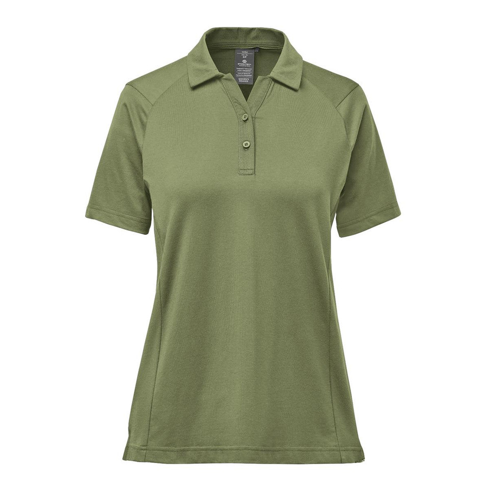A women's polo shirt in olive green with short sleeves and a collar. It features a logo on the chest.