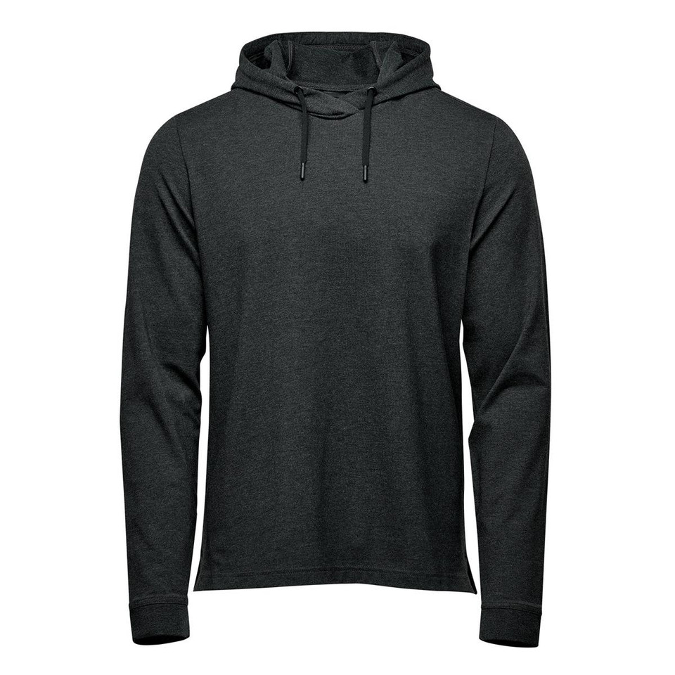A dark grey pullover hoody with a hood and drawstrings, featuring long sleeves and a simple design.