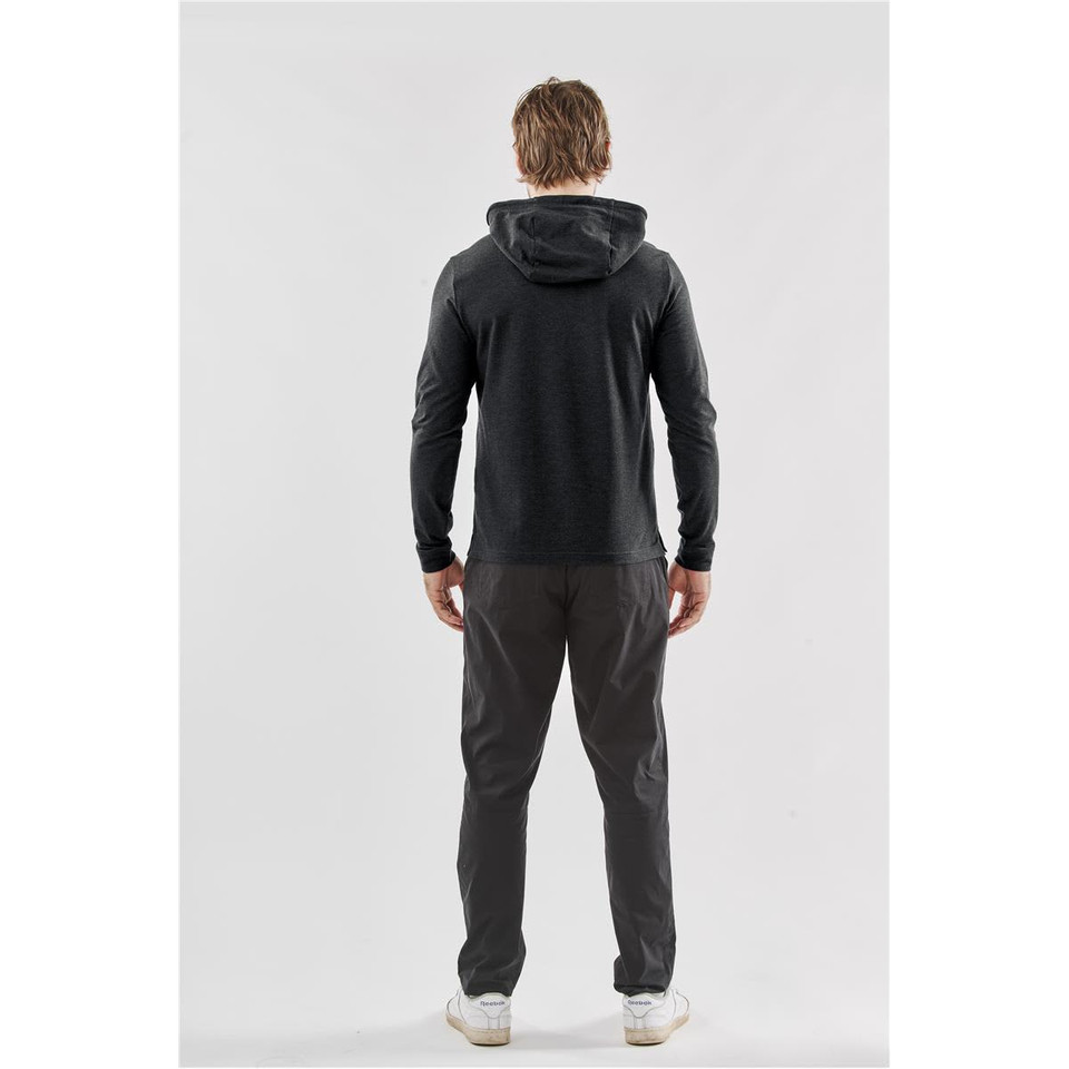 Men's Montebello pullover hoody in dark grey, featuring a hood and slim fit, worn with matching pants.