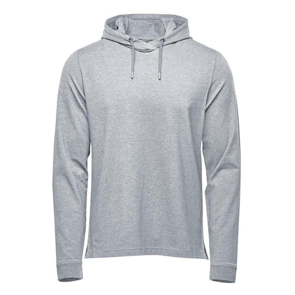 A light grey men's pullover hoody with a hood and long sleeves. The garment features a logo.