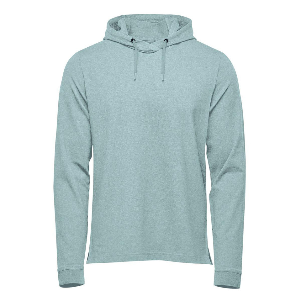 A light blue pullover hoody with a front pocket and a drawstring adjustable hood. It features a logo.