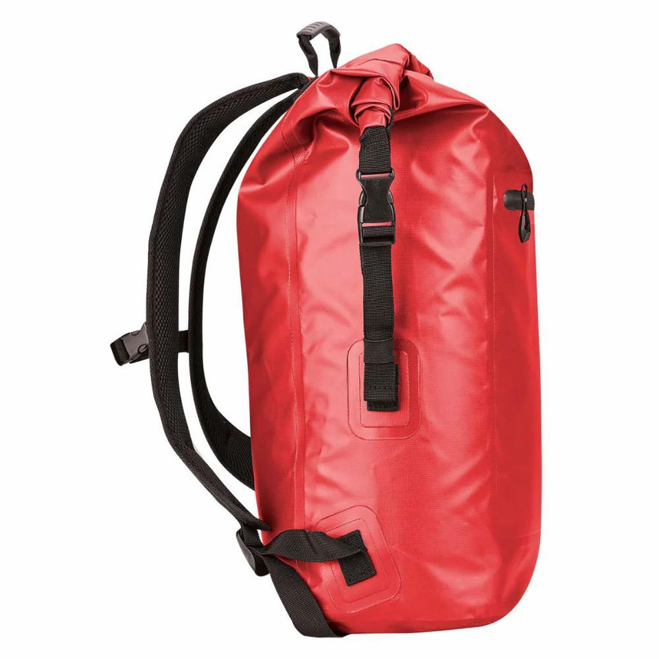 Red waterproof backpack with black straps and buckle design.