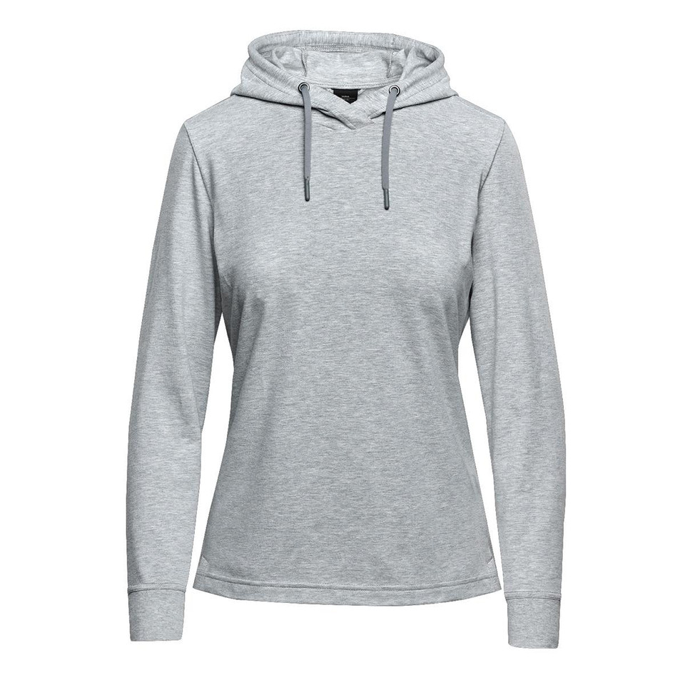 A light grey women's hoodie with a drawstring hood and long sleeves. It features a branding logo.