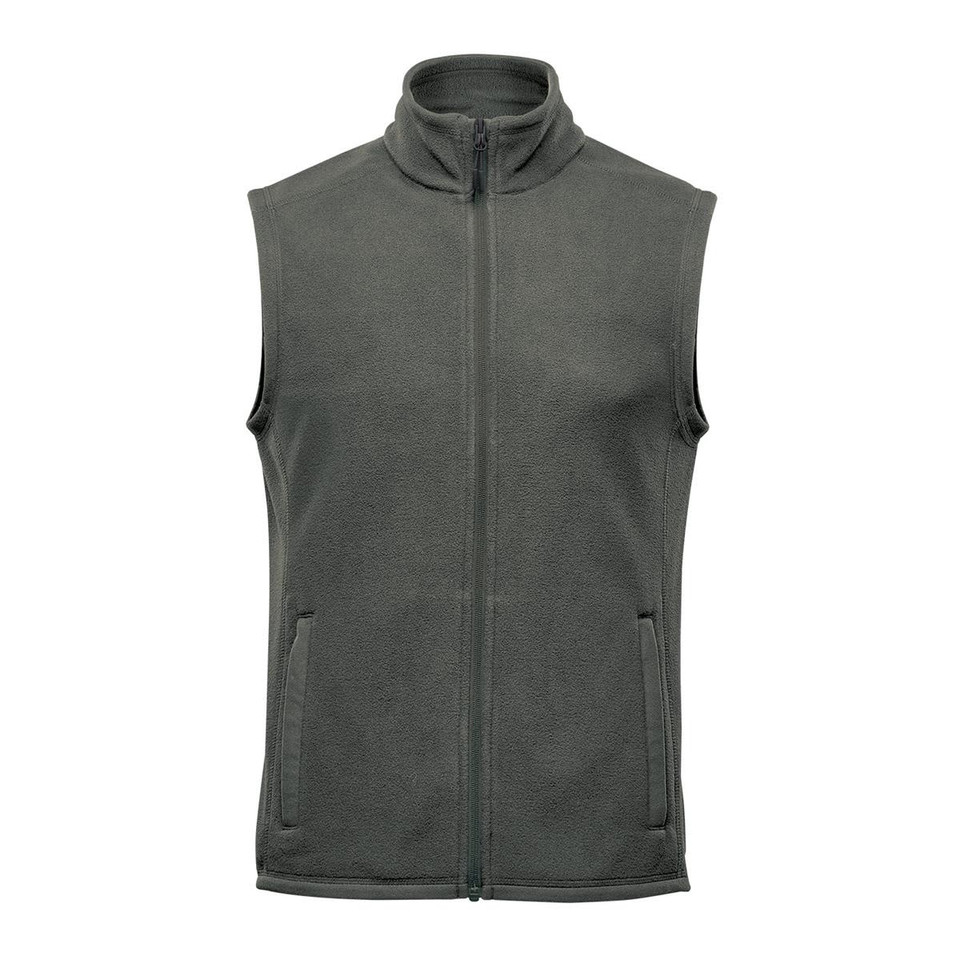 A green fleece vest with a high collar and a front zipper, featuring side pockets and a logo.