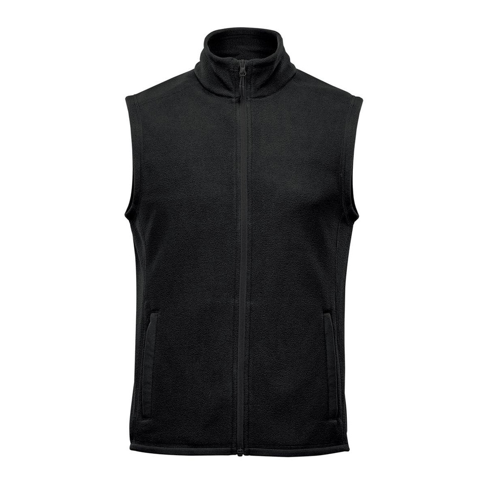 A black fleece vest with a high collar and zip front, featuring side pockets and a simple design.