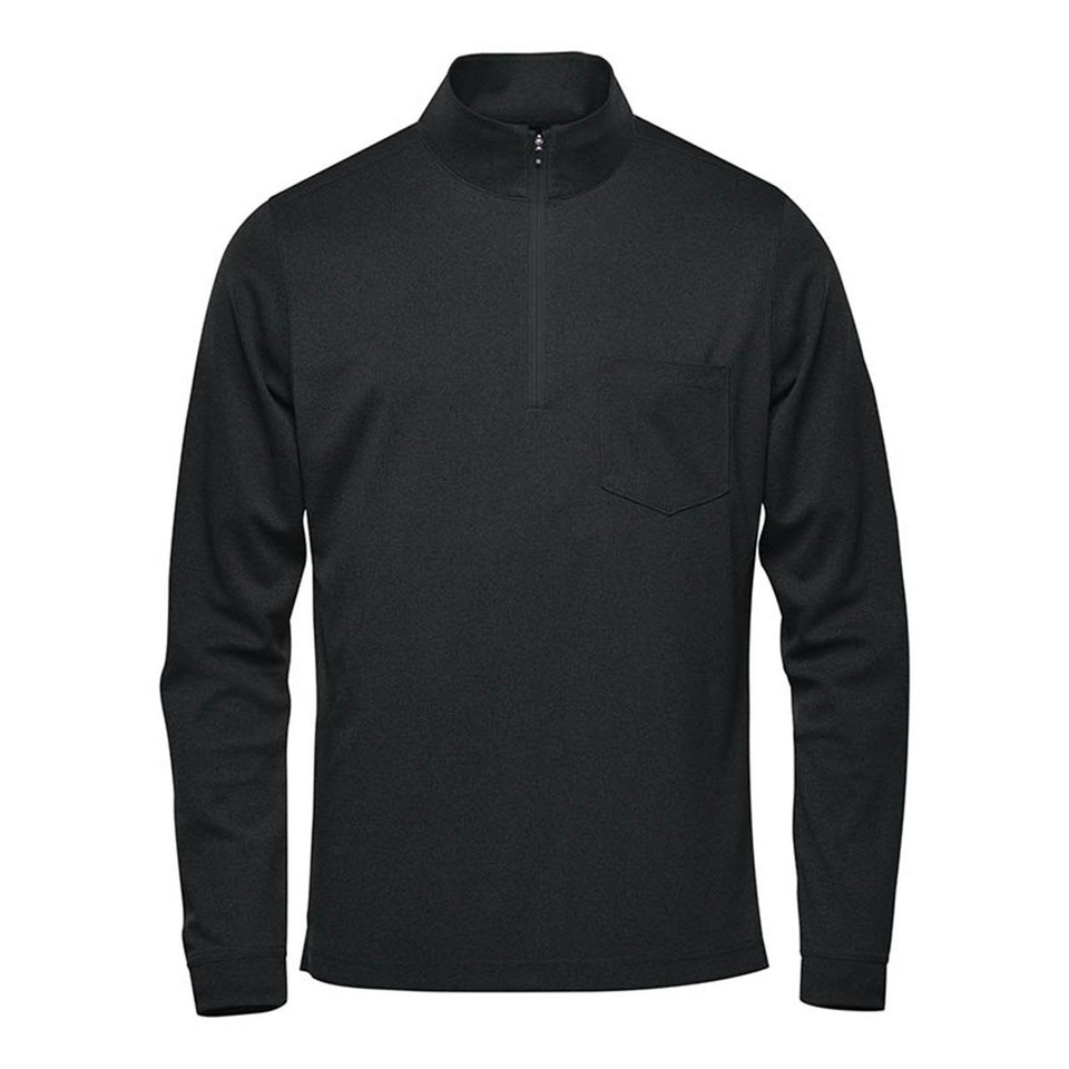 A black 1/4 zip pullover jumper for men featuring a chest pocket and a logo.