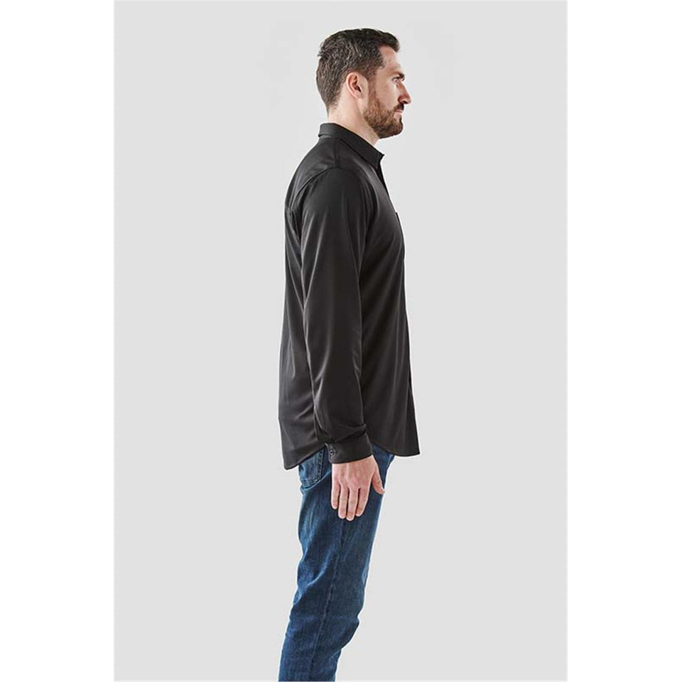 A men's long sleeve button-up shirt in black, displayed on a model from the side view. The shirt features a collar and has a logo.