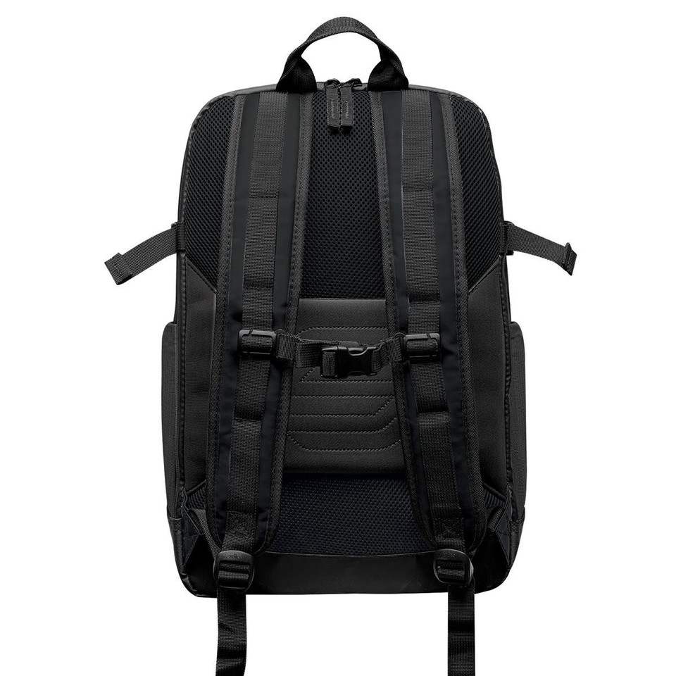 Black backpack with padded shoulder straps and ergonomic back panel.