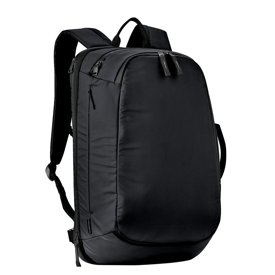 Sleek black Stormtech backpack with multiple compartments and padded straps.
